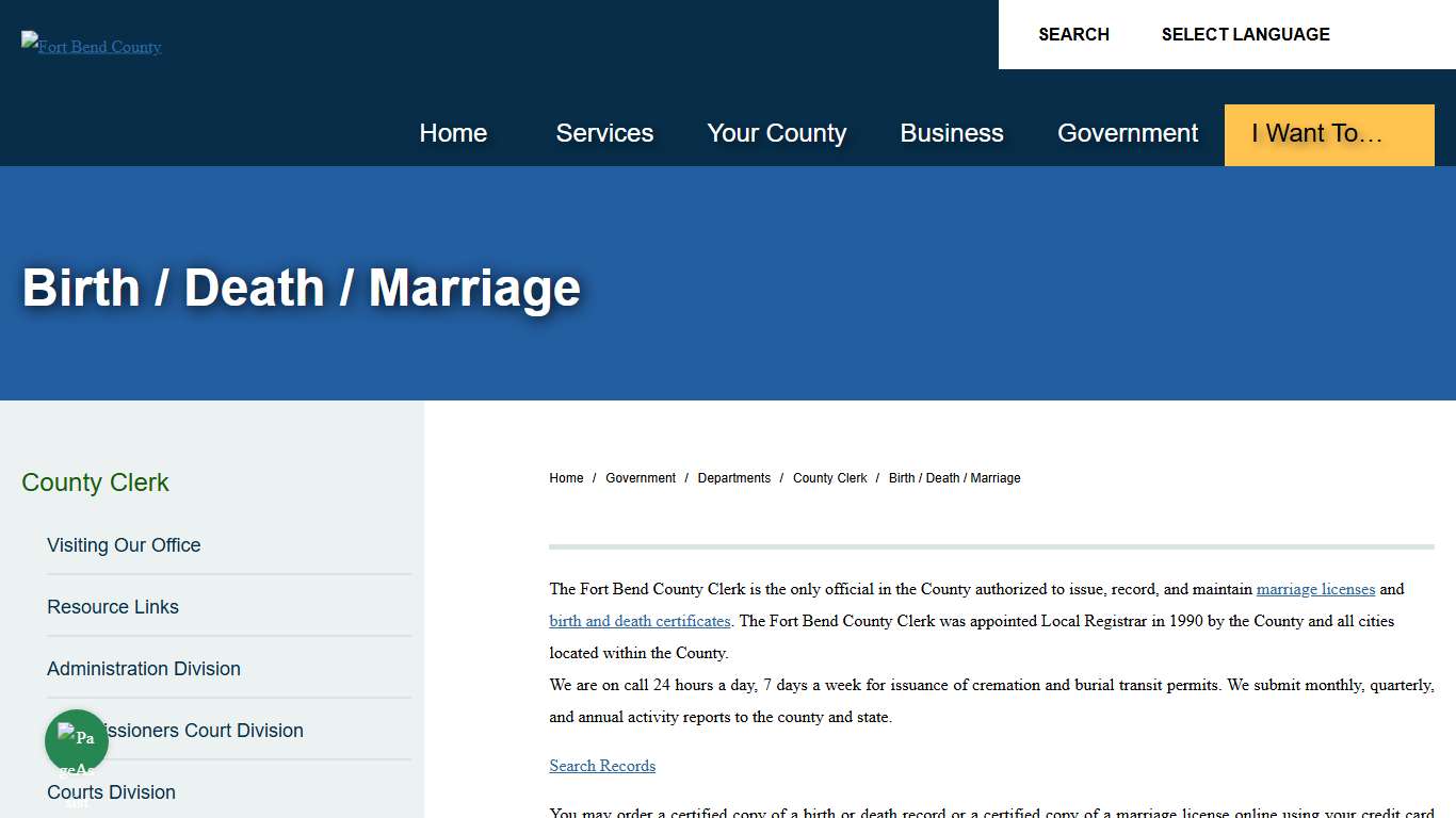 Birth / Death / Marriage Fort Bend County